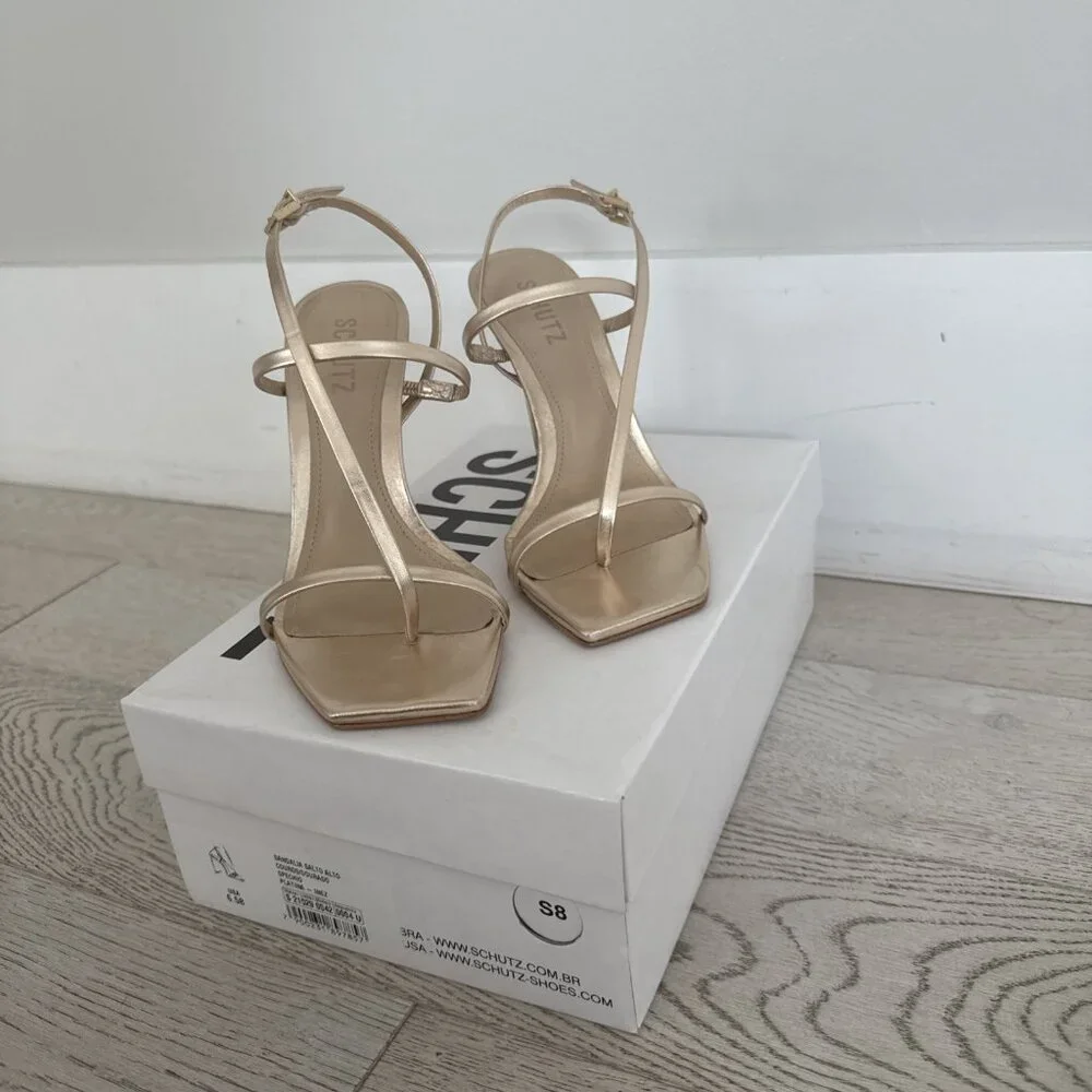 Schutz Gold Square Toe Strappy High Heel Shoe Inez - Picture 8 of 8